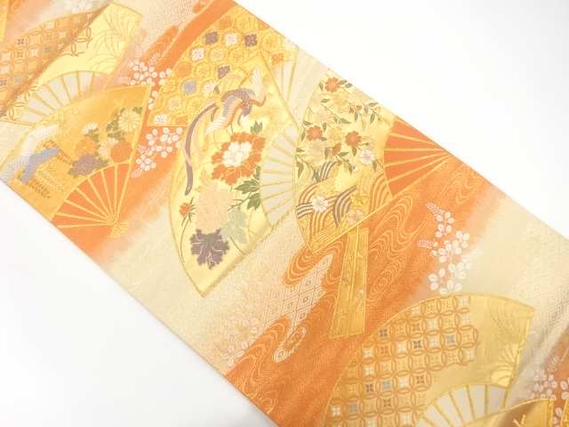 扇に鳳凰・花模様織り出し袋帯